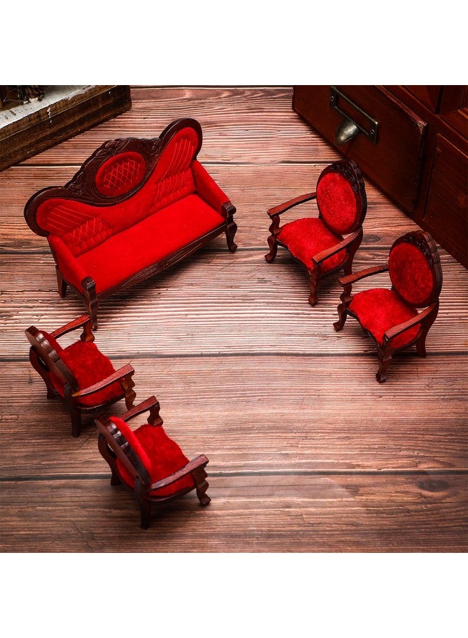 Sosation 5 Pcs 1:12 Miniature Dollhouse Furniture Include Vintage Red Wooden Carved Sofa Couch 4 Pcs Wooden Carved Single Sofa Chairs Retro Red Armchairs For Living Room Bedroom Kitchen Birthday Decoration - Image 5
