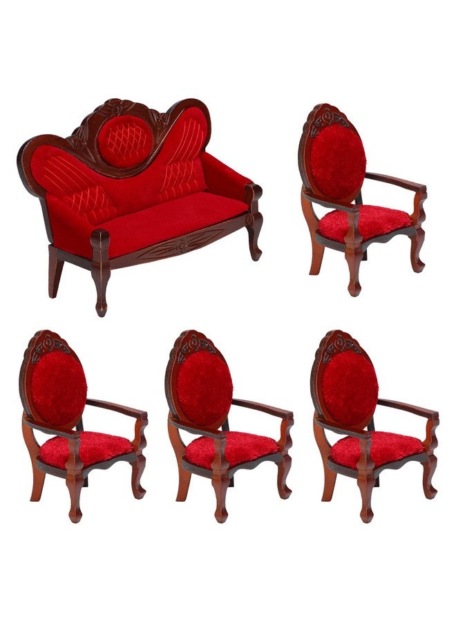 Sosation 5 Pcs 1:12 Miniature Dollhouse Furniture Include Vintage Red Wooden Carved Sofa Couch 4 Pcs Wooden Carved Single Sofa Chairs Retro Red Armchairs For Living Room Bedroom Kitchen Birthday Decoration - Image 2