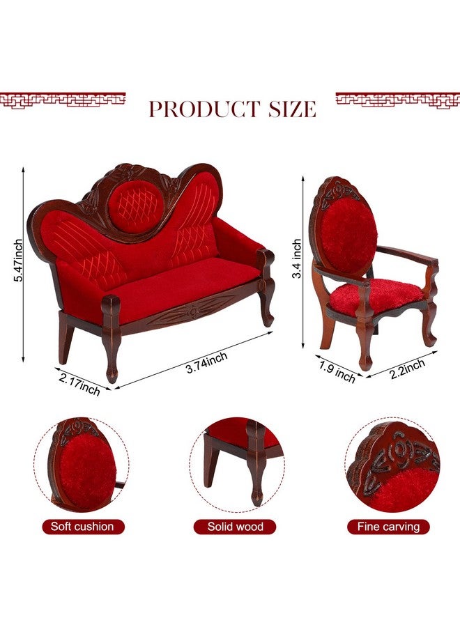 Sosation 5 Pcs 1:12 Miniature Dollhouse Furniture Include Vintage Red Wooden Carved Sofa Couch 4 Pcs Wooden Carved Single Sofa Chairs Retro Red Armchairs For Living Room Bedroom Kitchen Birthday Decoration - Image 3