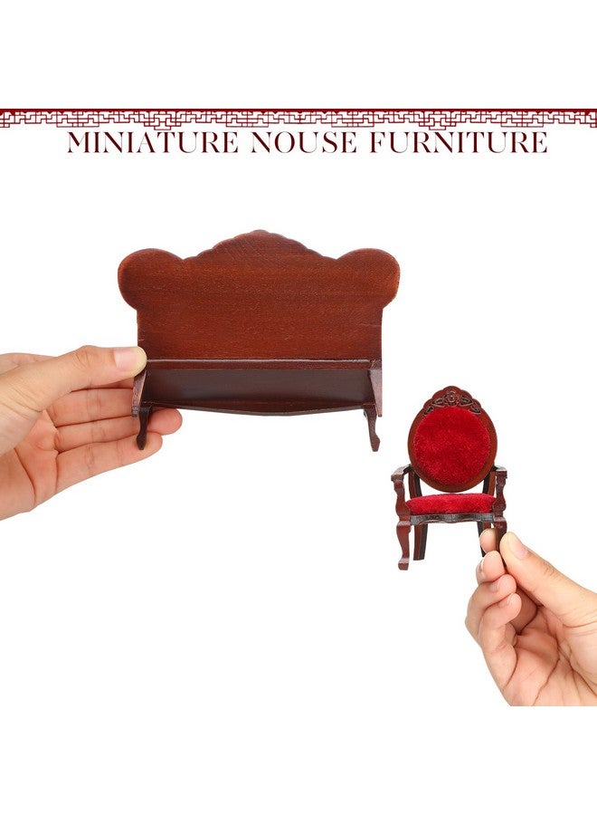 Sosation 5 Pcs 1:12 Miniature Dollhouse Furniture Include Vintage Red Wooden Carved Sofa Couch 4 Pcs Wooden Carved Single Sofa Chairs Retro Red Armchairs For Living Room Bedroom Kitchen Birthday Decoration - Image 4