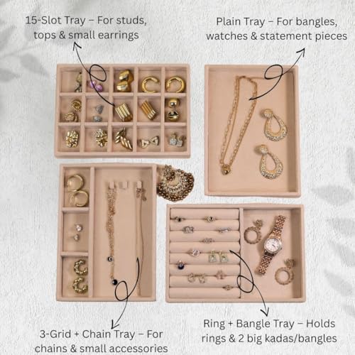 The Big Trove Jewellery Organizer Tray Set of 4 | Velvet Jewelry Trays for Drawer & Wardrobe Storage | Ring, Earring, Necklace Organizer | Cream - Image 2