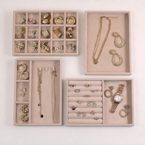 The Big Trove Jewellery Organizer Tray Set of 4 | Velvet Jewelry Trays for Drawer & Wardrobe Storage | Ring, Earring, Necklace Organizer | Cream - Image 1
