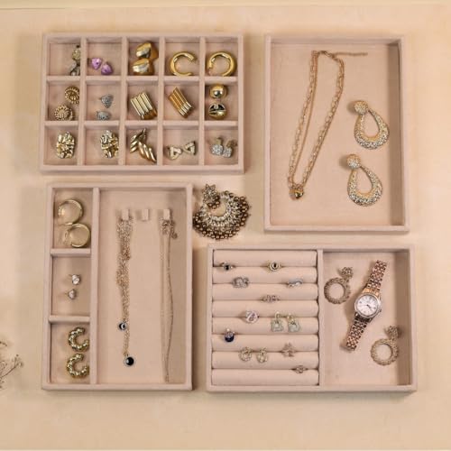 The Big Trove Jewellery Organizer Tray Set of 4 | Velvet Jewelry Trays for Drawer & Wardrobe Storage | Ring, Earring, Necklace Organizer | Cream - Image 5