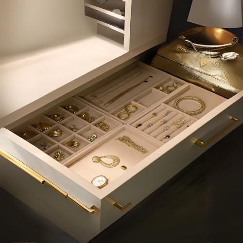 The Big Trove Jewellery Organizer Tray Set of 4 | Velvet Jewelry Trays for Drawer & Wardrobe Storage | Ring, Earring, Necklace Organizer | Cream - Image 4