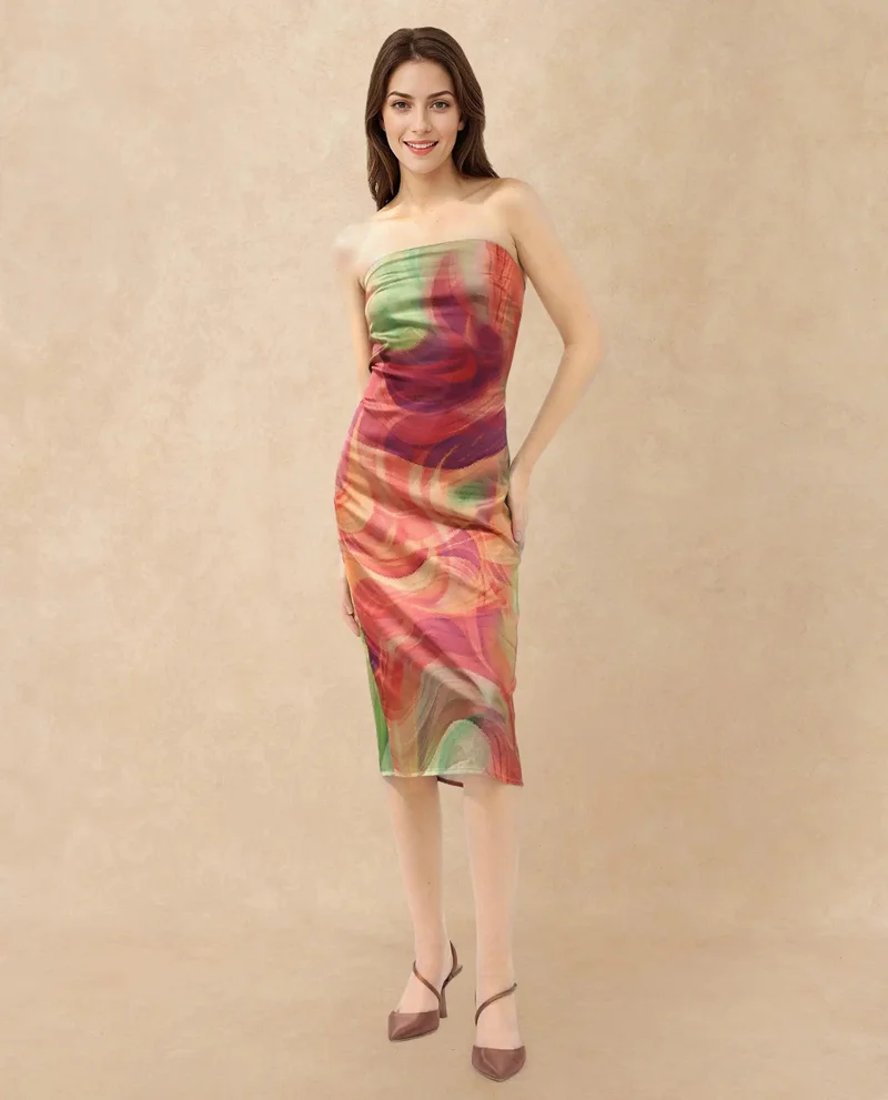 ريريزم Women's Gradient Print Satin Tube Dress