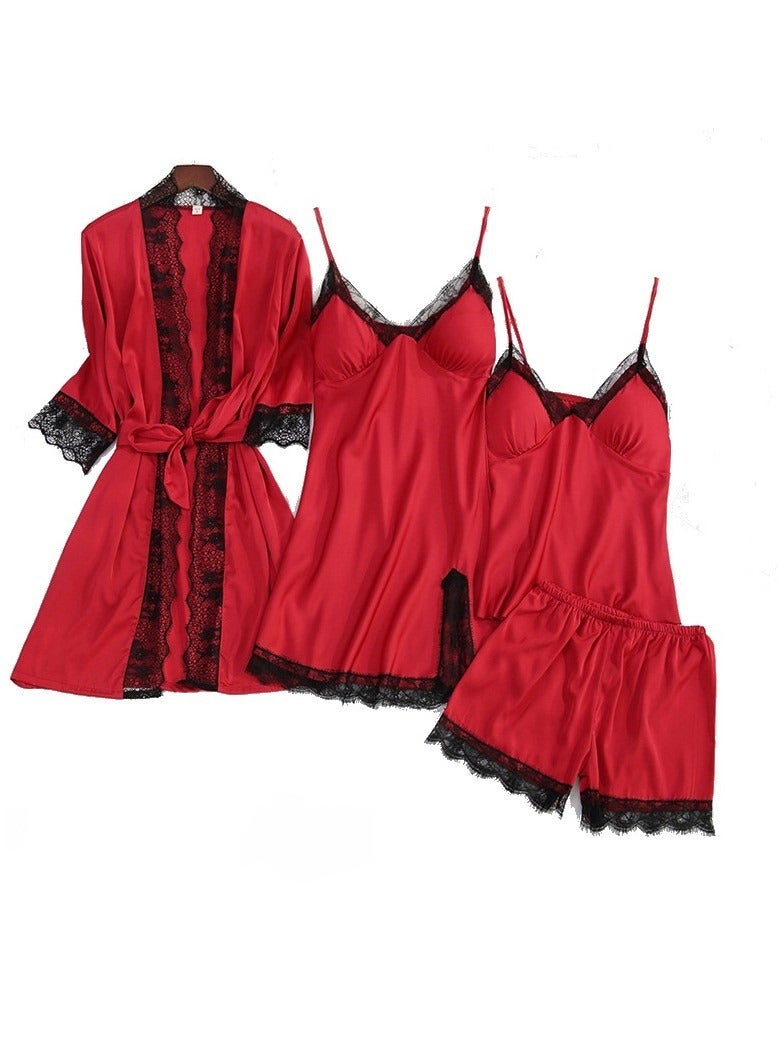 Spring And Summer Feminine Ice Silk Pajamas Four-Piece Set With Suspenders And Long Sleeves