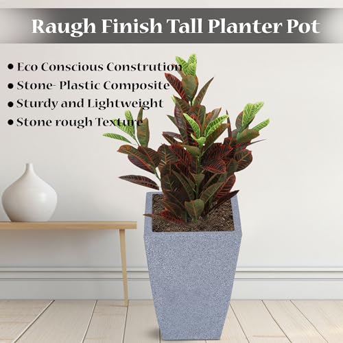 BonKaso 12 inch Light Grey Pot – Tall, Durable & Lightweight Polymer Square Tower Planter for Indoor & Outdoor Use: Home, Office, Garden & Balcony (Gamla/Gamale) - Image 2