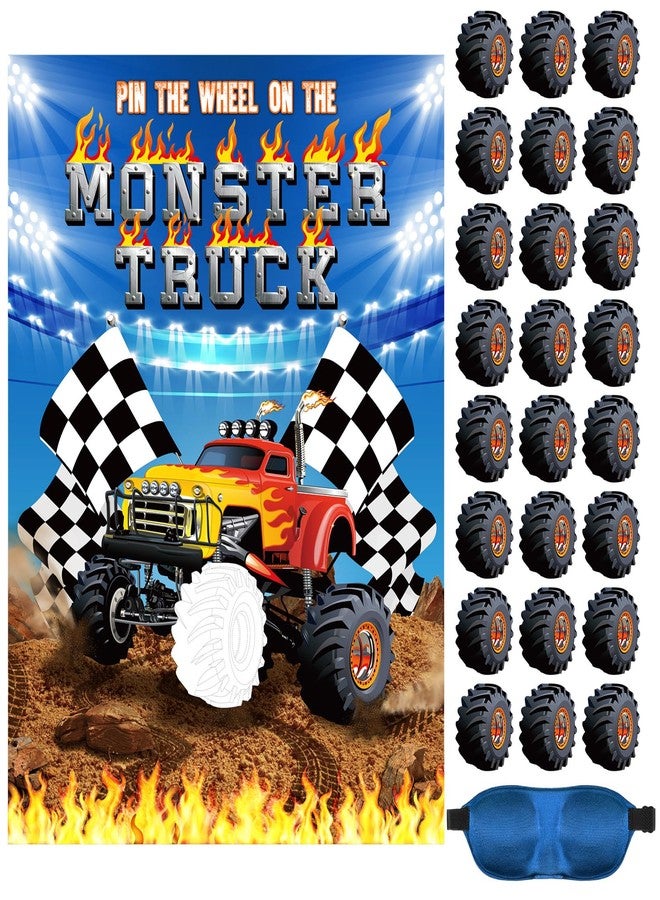 Faccito Truck Games Pin the Wheels on the Monster Truck Large Poster with 24 Wheel Stickers and Game Blindfold Monster Truck Pin Game for Boys Birthday Decorations Monster Trucks Party Supplies - Image 1