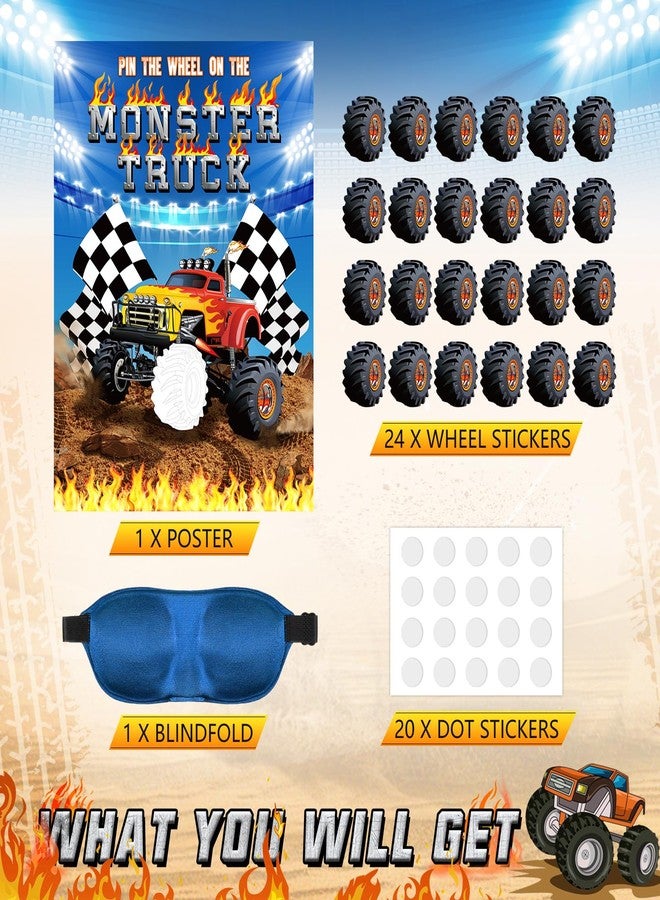 Faccito Truck Games Pin the Wheels on the Monster Truck Large Poster with 24 Wheel Stickers and Game Blindfold Monster Truck Pin Game for Boys Birthday Decorations Monster Trucks Party Supplies - Image 3