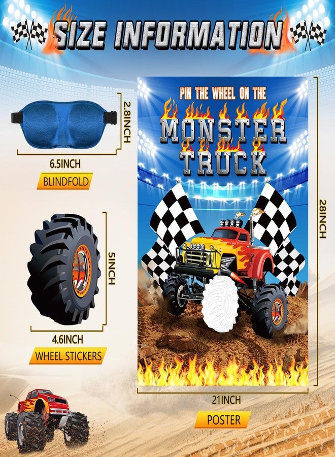 Faccito Truck Games Pin the Wheels on the Monster Truck Large Poster with 24 Wheel Stickers and Game Blindfold Monster Truck Pin Game for Boys Birthday Decorations Monster Trucks Party Supplies - Image 2