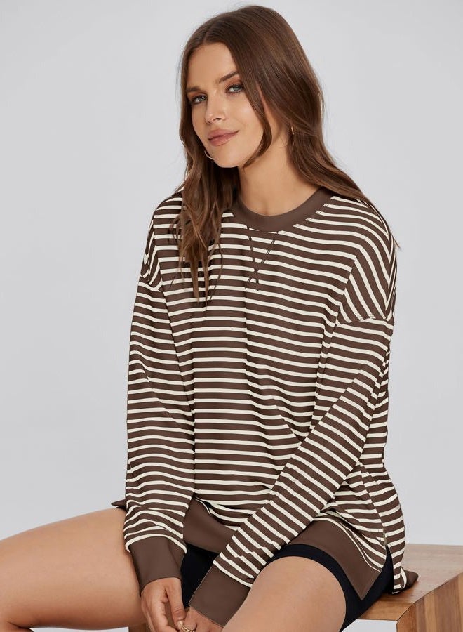 Glamaker Women's Long Sleeve Crewneck Sweatshirt Air Essentials Soft Loose Pullover Sweatshirts, B-coffee White, L - Image 5