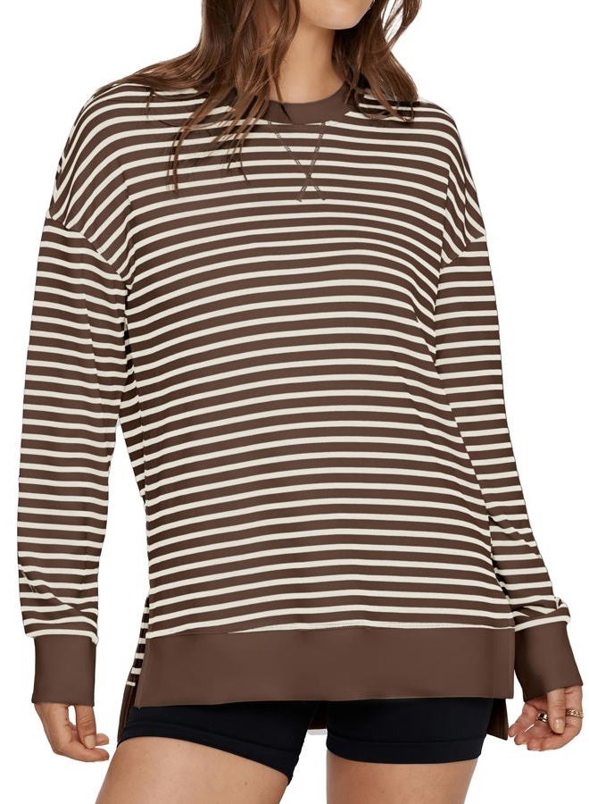 Glamaker Women's Long Sleeve Crewneck Sweatshirt Air Essentials Soft Loose Pullover Sweatshirts, B-coffee White, L - Image 1