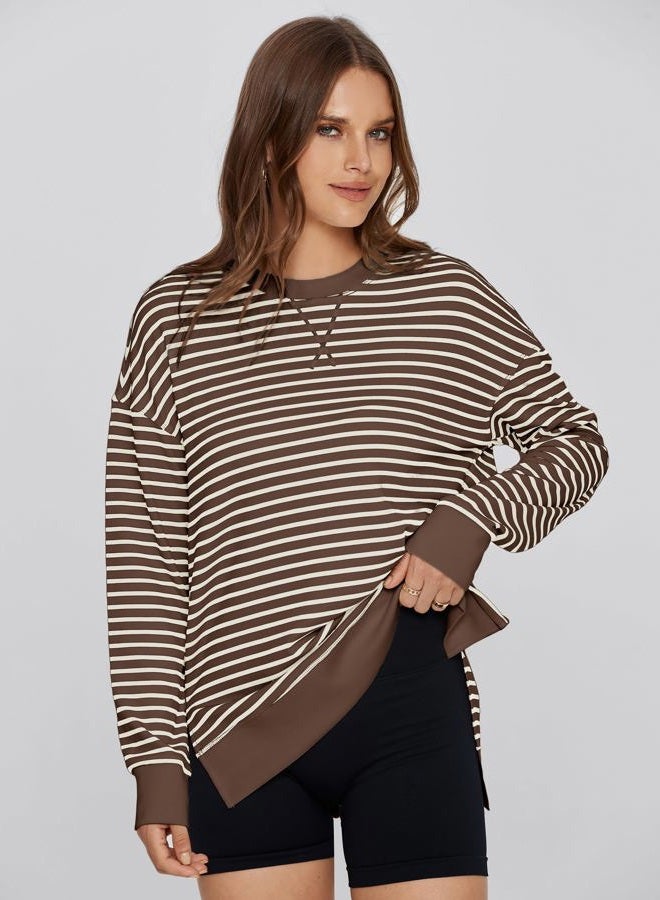 Glamaker Women's Long Sleeve Crewneck Sweatshirt Air Essentials Soft Loose Pullover Sweatshirts, B-coffee White, L - Image 4