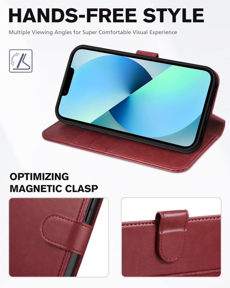 TUCCH TUCCH Case Wallet for iPhone 13 6.1", Stand [RFID Blocking] [3 Card Holder] [TPU Shockproof Inner Shell], PU Leather Magnetic Protective Cover Compatible with iPhone 13 6.1" 2021, Dark Red  - Image 5