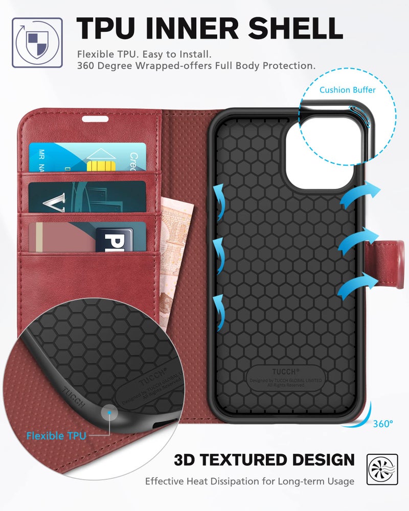 TUCCH TUCCH Case Wallet for iPhone 13 6.1", Stand [RFID Blocking] [3 Card Holder] [TPU Shockproof Inner Shell], PU Leather Magnetic Protective Cover Compatible with iPhone 13 6.1" 2021, Dark Red  - Image 4