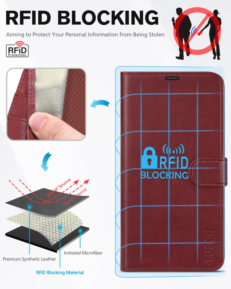 TUCCH TUCCH Case Wallet for iPhone 13 6.1", Stand [RFID Blocking] [3 Card Holder] [TPU Shockproof Inner Shell], PU Leather Magnetic Protective Cover Compatible with iPhone 13 6.1" 2021, Dark Red  - Image 3