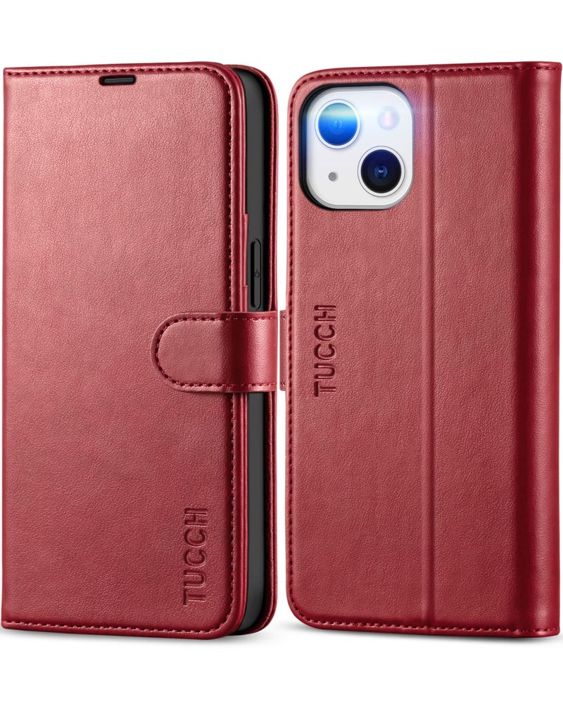 TUCCH TUCCH Case Wallet for iPhone 13 6.1", Stand [RFID Blocking] [3 Card Holder] [TPU Shockproof Inner Shell], PU Leather Magnetic Protective Cover Compatible with iPhone 13 6.1" 2021, Dark Red  - Image 1