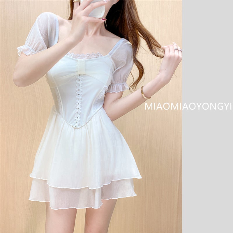 [Early Summer] Fairy Swimsuit Female Conjoined Flat Angle Conservative Slim Belly Covering Sexy Lace Belly Covering Hot Spring Swimsuit - Image 2