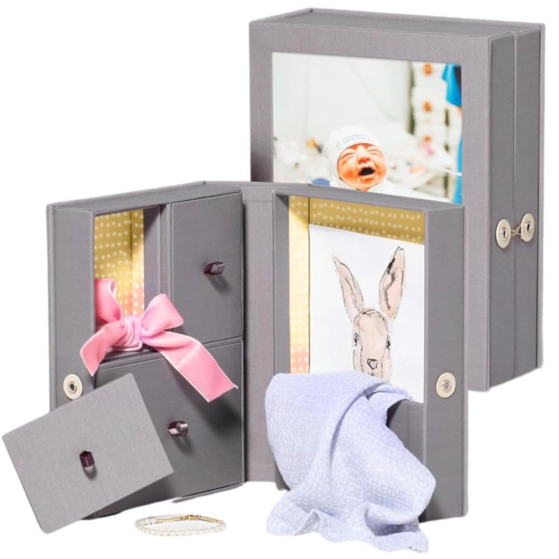 Savor Savor Small Baby Story Box Frame and Baby Keepsake Box in One Fabric Photo Frame with Keepsake Box for Newborn Picture First Tooth Hospital Bracelet Sonogram New Baby Announcement Gift 