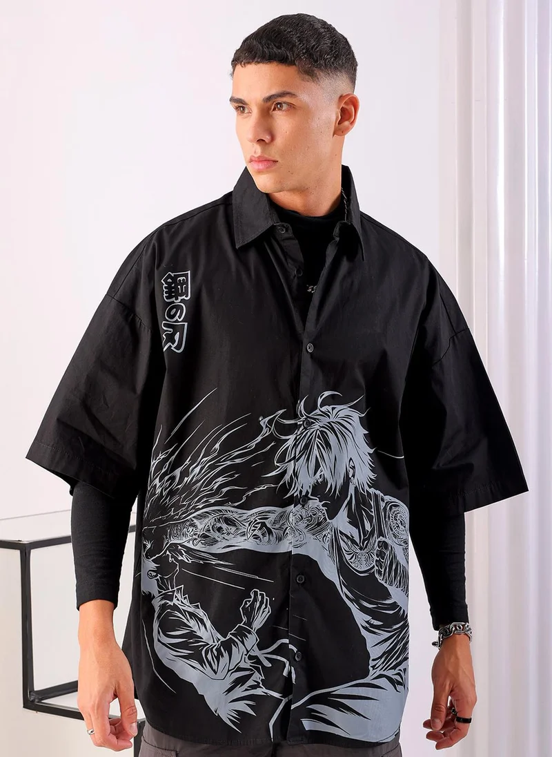 ذا انديان كراج كو Men Oversized Anime Print Half Sleeves Cutaway Collar Street Wear Shirt