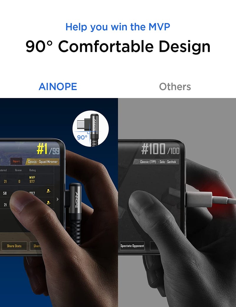 AINOPE USB C Cable 60W 2-Pack 10ft Nylon Braided USB C to USB C Cable Type C Charger Fast Charging Right Angle USBC Cable Charger Cord for iPhone 16 Pro Max 15 Plus Samsung S24 S23 iPad Pro Black - Image 3