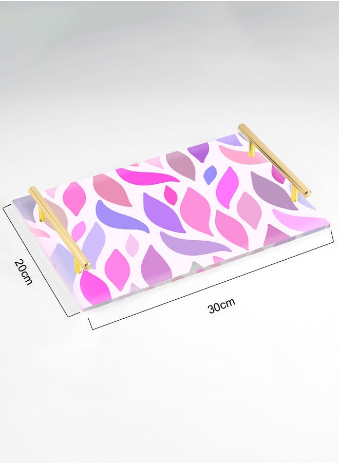 LOWHA Decorative Acrylic Serving Tray with Gold Color Metal Handles Painted Leaf 20x30cm  - Image 2