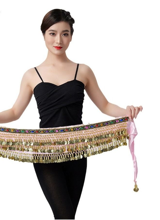 إسكدنيا Coins Pendant Diamond Waist Chain Skirt Belly Dance Tassel Waist Wrap Belt Skirts Party Rave Costume Pink 