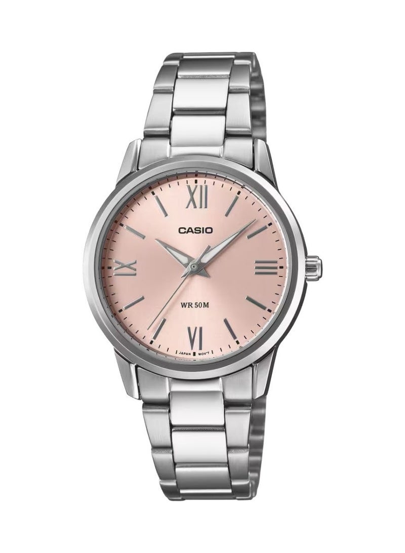 كاسيو Enticer Analog Women’s Watch LTP‑1303DD‑4AVDF, 35.5mm Pink Dial, Ion‑Plated Stainless Steel Case & Silver Stainless Steel Bracelet, 50 m WR - Image 1
