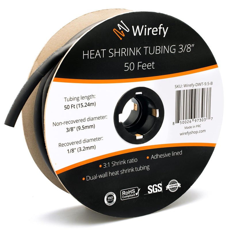 Wirefy | Heat Shrink Tubing - 3/8" inch - 3:1 Ratio - Adhesive Dual Wall Waterproof - Heat Shrink Tube - Heatshrink Tubes - Black - 50 Feet Roll | Trusted UL Certification - Image 1
