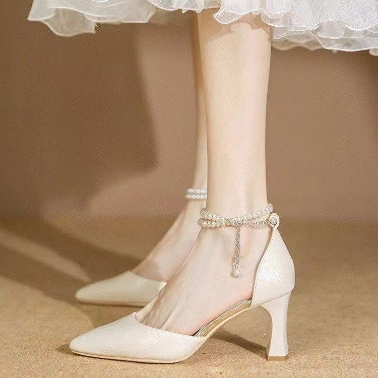 Women'S High Heel Sandals 2024 Fashion Closed Toe Shallow Mouth Hollow Word Pearl Buckle Women'S Shoes - Image 2