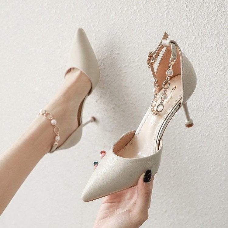 Women'S High Heel Sandals 2024 Fashion Closed Toe Shallow Mouth Hollow Word Pearl Buckle Women'S Shoes - Image 3