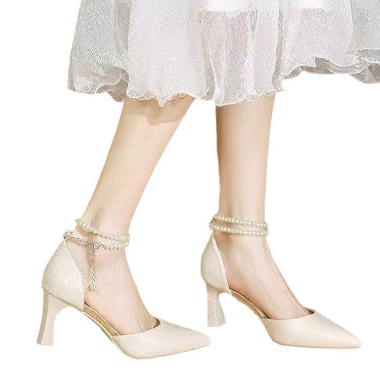 Women'S High Heel Sandals 2024 Fashion Closed Toe Shallow Mouth Hollow Word Pearl Buckle Women'S Shoes - Image 5