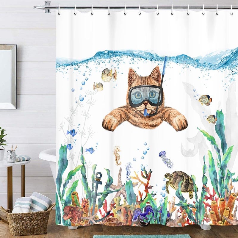 Uokiuki Funny Cat Fabric Shower Curtain for Bathroom Cool Scuba Diving Cat Tropical Fish Coral Underwater Sea Ocean Animal Shower Curtain Set with Hooks 69 x 70 Inch