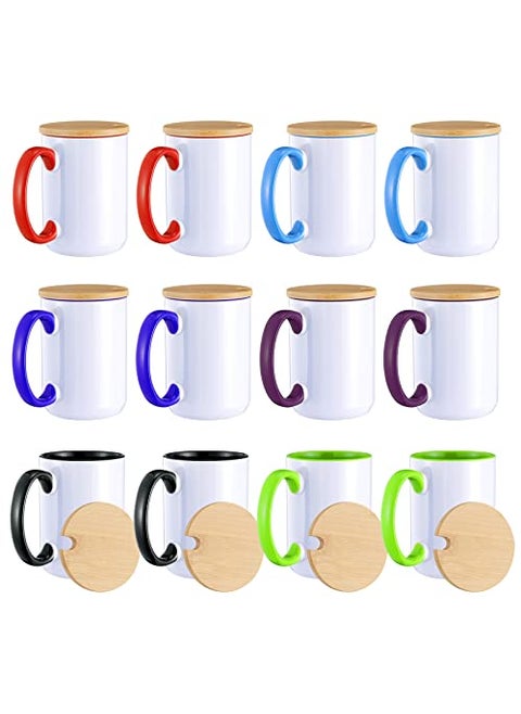 RAINBOWTIE Sublimation Mugs Set of 12 15 oz Sublimation Coffee Mugs with Bamboo Lid Tazas Para Sublimar Mug Sets Coffee Cup with Lid6 Assorted Colors