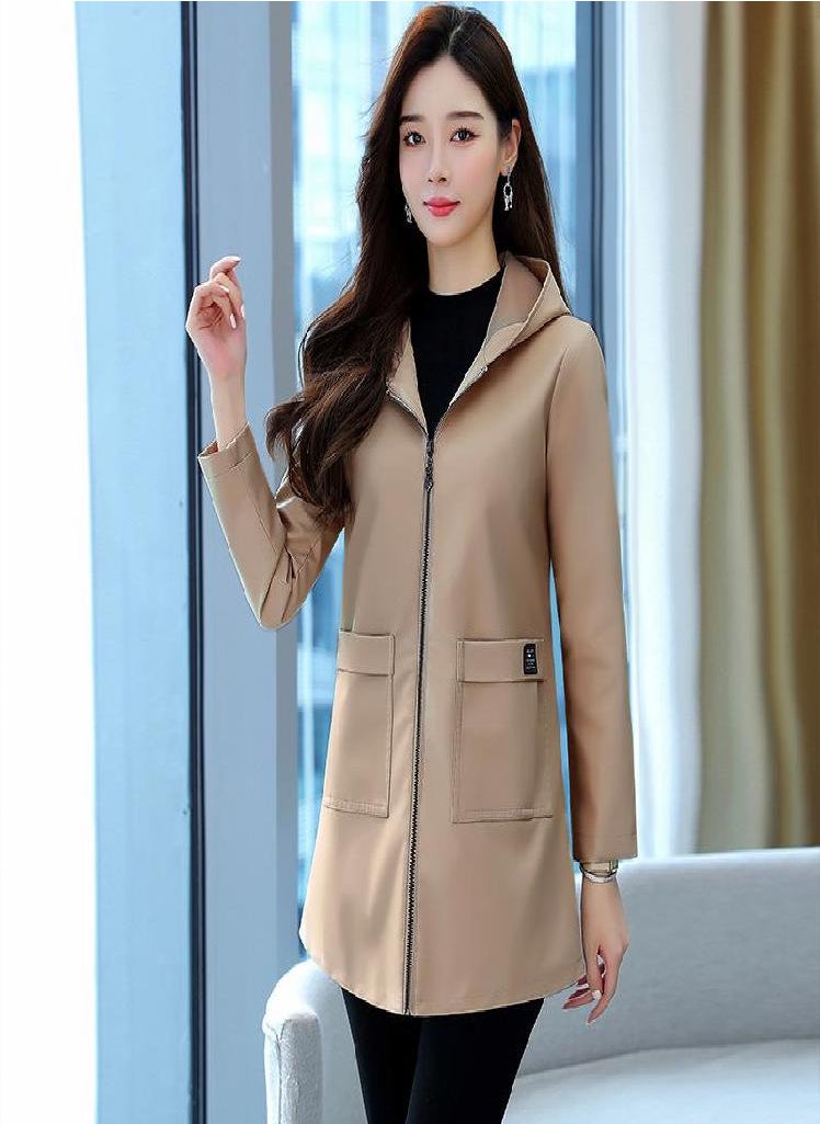 Eckek - Leather Jacket Women 'S Plus Size All -Match Hooded Mid -Length Pu Leather Top - Image 1