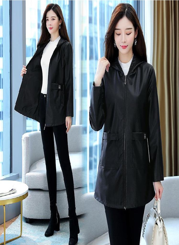 Eckek - Leather Jacket Women 'S Plus Size All -Match Hooded Mid -Length Pu Leather Top - Image 1