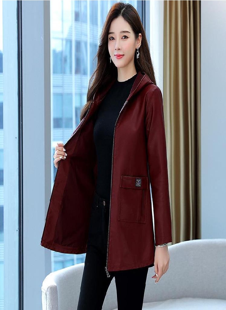 Eckek - Leather Jacket Women 'S Plus Size All -Match Hooded Mid -Length Pu Leather Top - Image 1