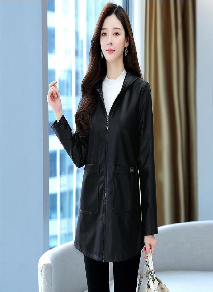 Eckek - Leather Jacket Women 'S Plus Size All -Match Hooded Mid -Length Pu Leather Top - Image 1