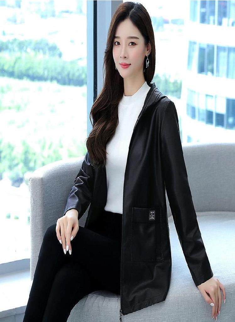 Eckek - Leather Jacket Women 'S Plus Size All -Match Hooded Mid -Length Pu Leather Top - Image 1