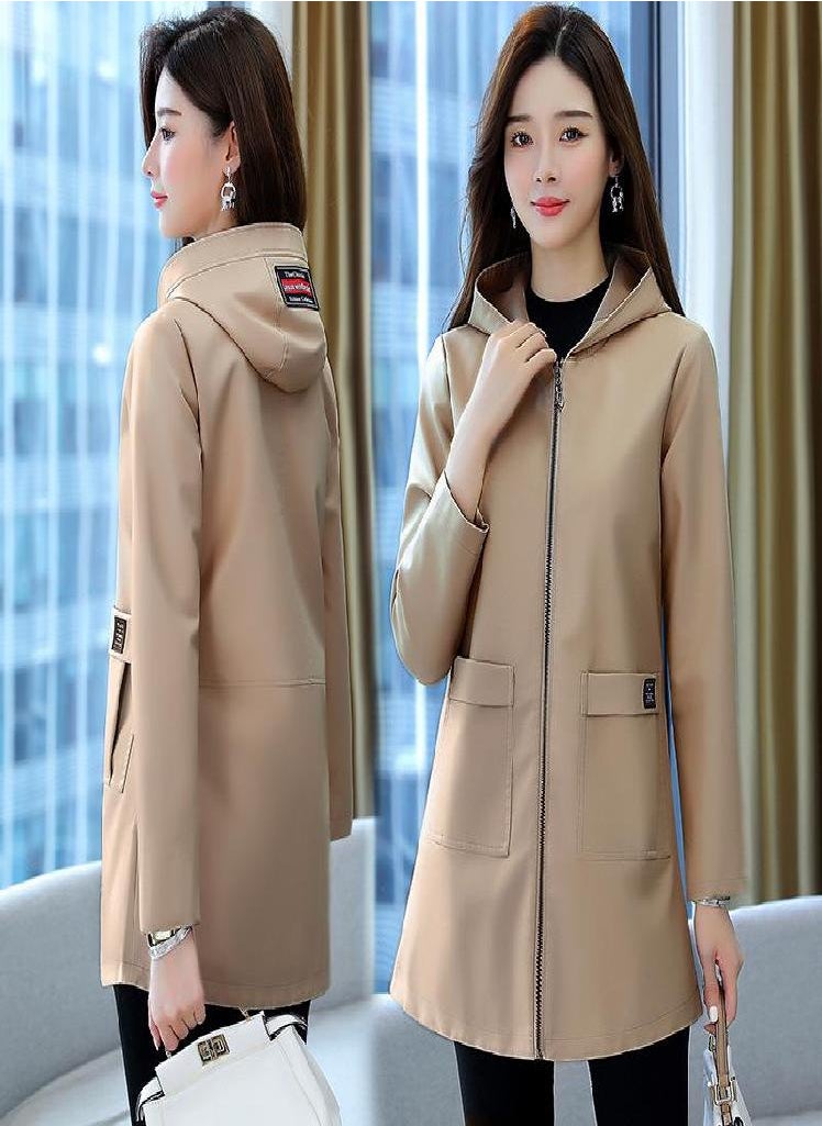 Eckek - Leather Jacket Women 'S Plus Size All -Match Hooded Mid -Length Pu Leather Top - Image 1