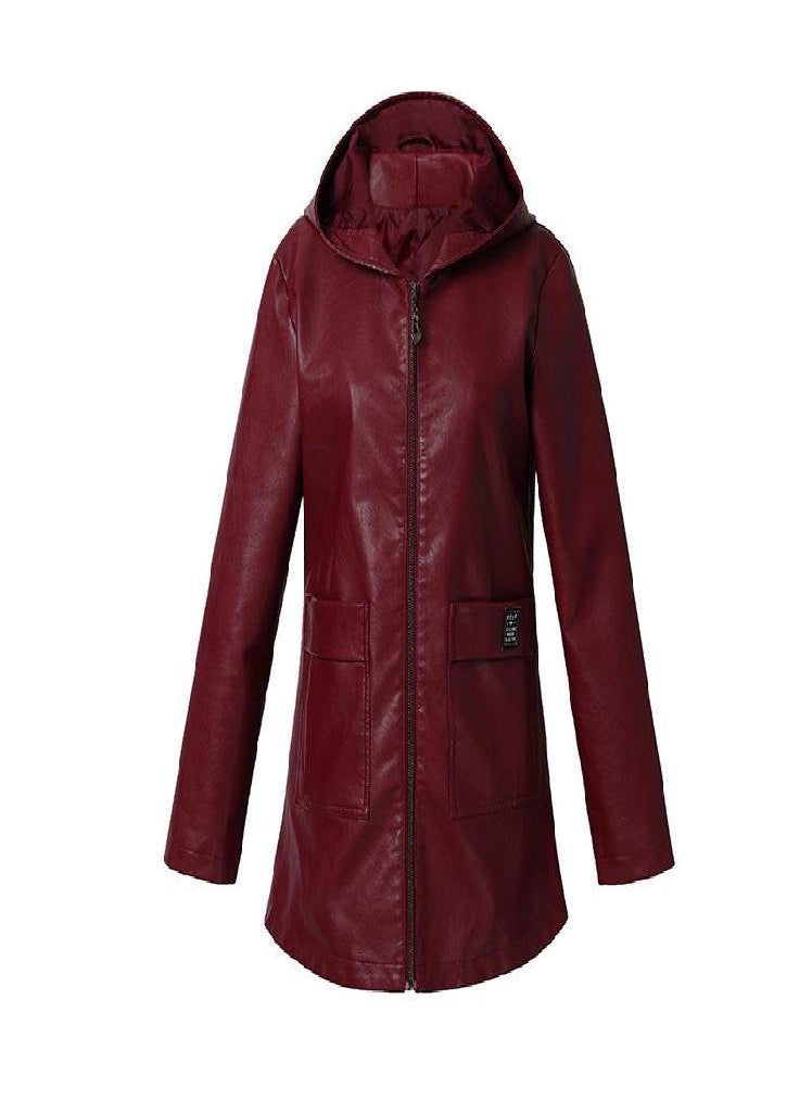 Eckek - Leather Jacket Women 'S Plus Size All -Match Hooded Mid -Length Pu Leather Top - Image 1