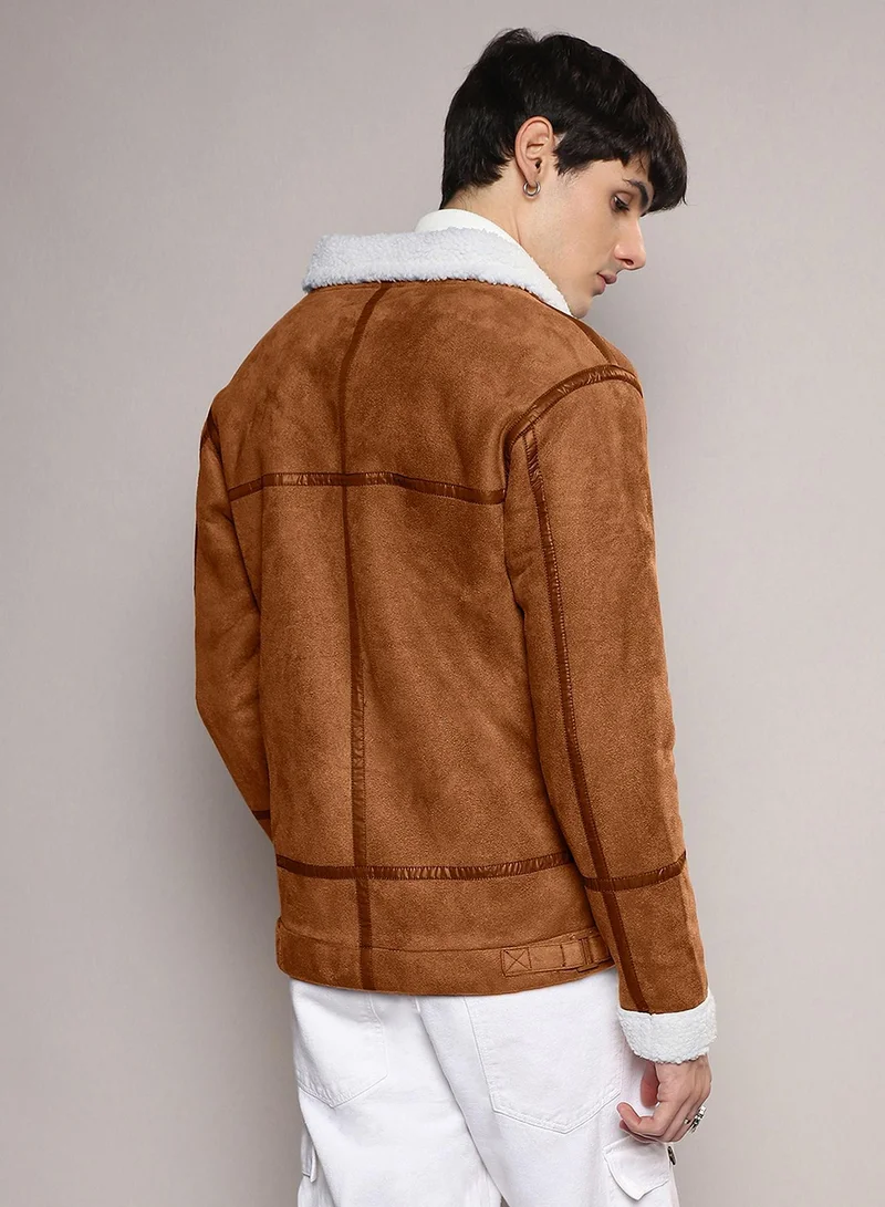 Campus Sutra Men's Icy Blue & Chalk White Fleece Lined Biker Jacket