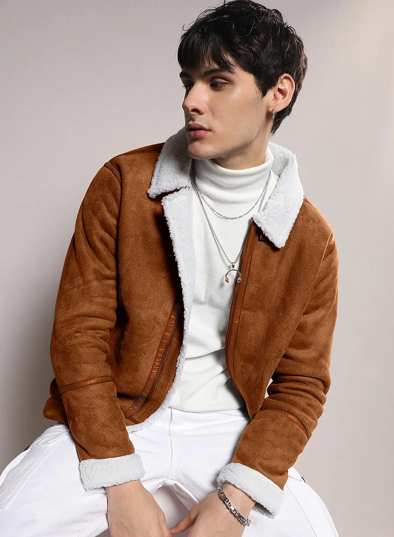 Campus Sutra Men's Icy Blue & Chalk White Fleece Lined Biker Jacket