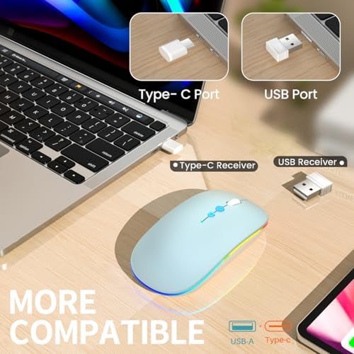 Halpilt LED Wireless Mouse A100S Rechargeable Portable Silent Mouse with Optional USB and Type-C Receiver 3-Speed Adjustable DPI for PC/Mac/Laptop (Frosted Blue) - Image 3