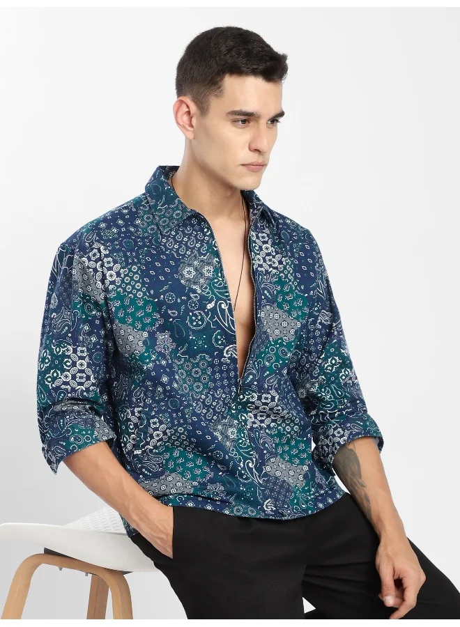 Beyoung Blue Paisley Printed Zipper Shacket