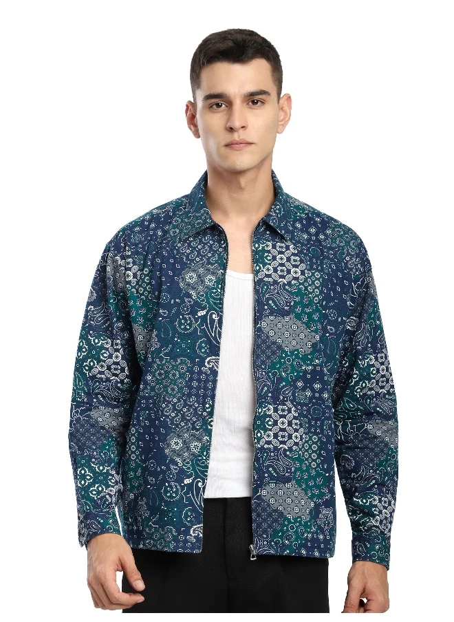 Beyoung Blue Paisley Printed Zipper Shacket