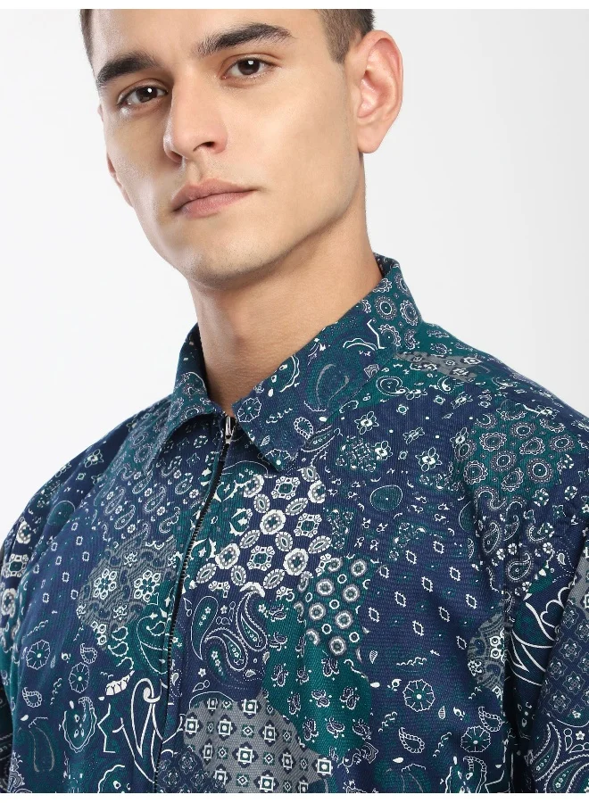 Beyoung Blue Paisley Printed Zipper Shacket