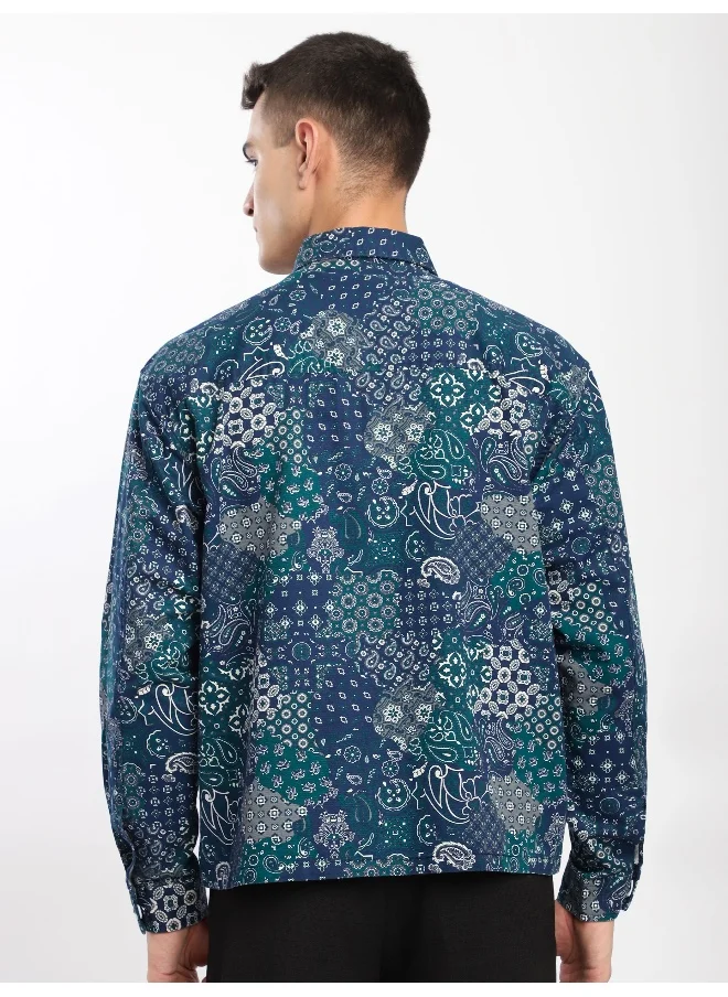 بيونغ Blue Paisley Printed Zipper Shacket