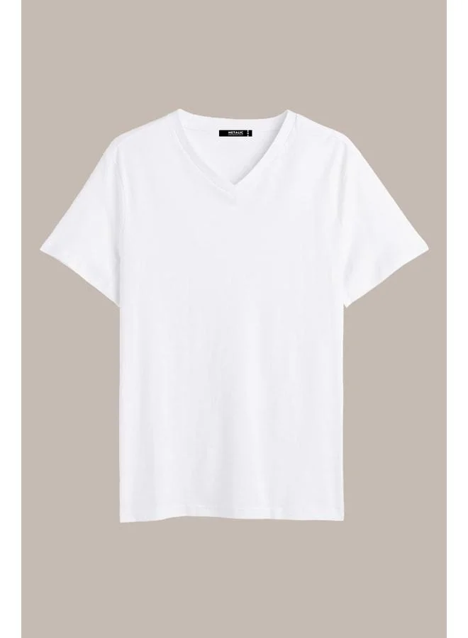 mmetalic Men's Indigo 100% Cotton Basic Regular Fit Short Sleeve V-Neck T-Shirt