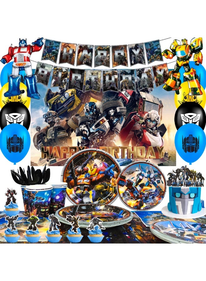 حفلة مثمرة زينة حفلة عيد ميلاد ترانسفورمرز لـ 10 ضيوف، 114 قطعة مجموعة أدوات مائدة حفلة عيد ميلاد ترانسفورمرز قابلة للتصرف لافتة خلفية مفرش طاولة بالونات زينة كعكة - Image 1